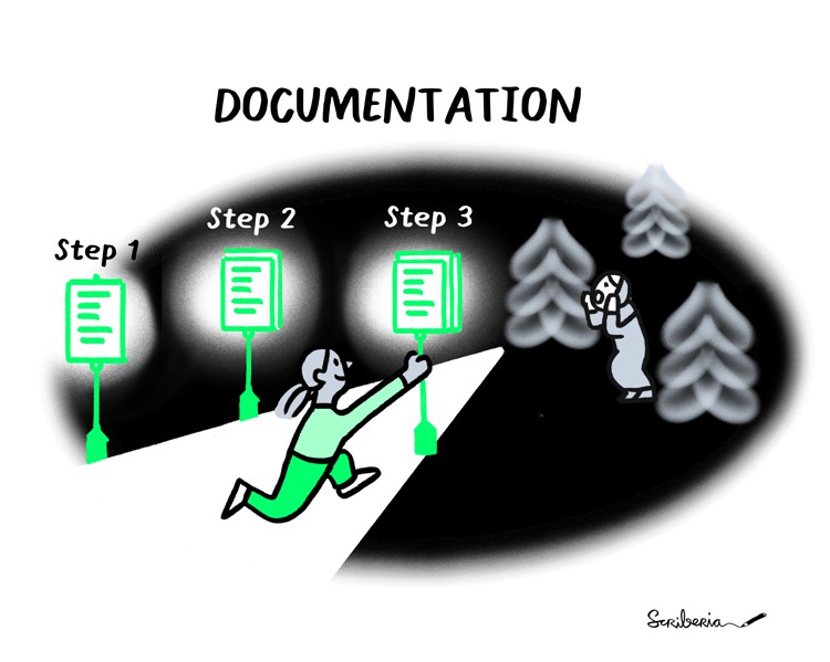 Image shows a person putting lamp-posts of documentation, helping a researcher who was lost because of lack of information about the research.