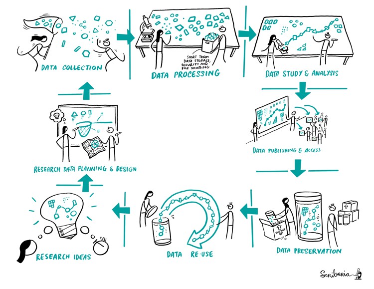 The research process is represented as a perpetual cycle of generating research ideas, performing data planning and design, data collection, and data processing and analysis, publishing, preserving and hence, allowing re-use of data.